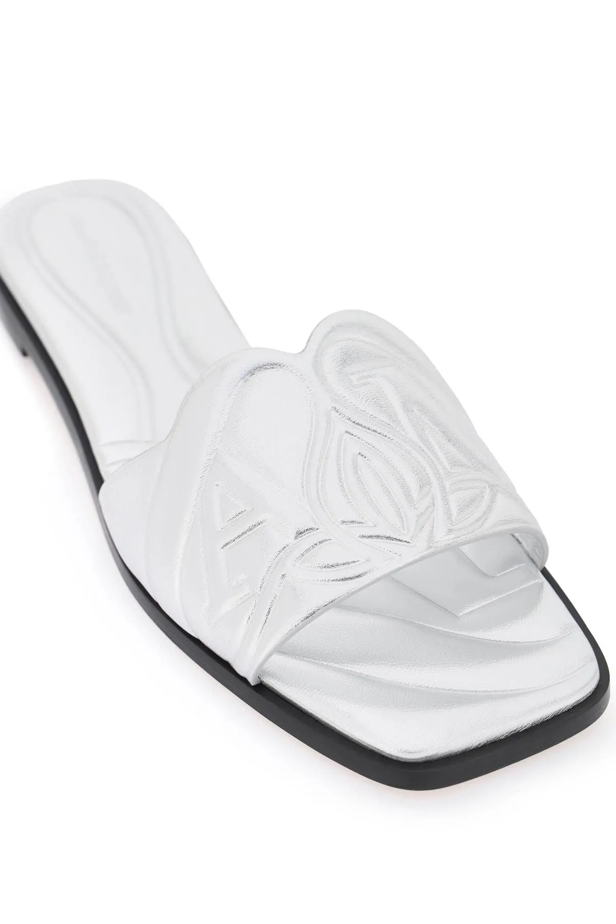 Alexander McQueen    Alexander Mcqueen Laminated Leather Slides With Embossed Seal Logo