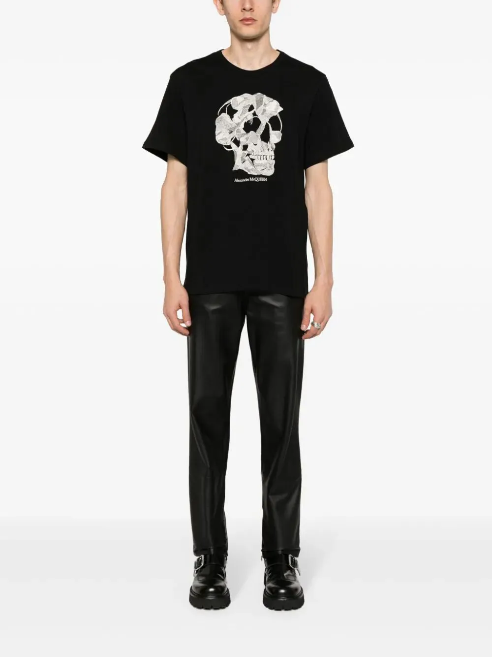 ALEXANDER MCQUEEN Black Embroidered Skull T-Shirt for Men