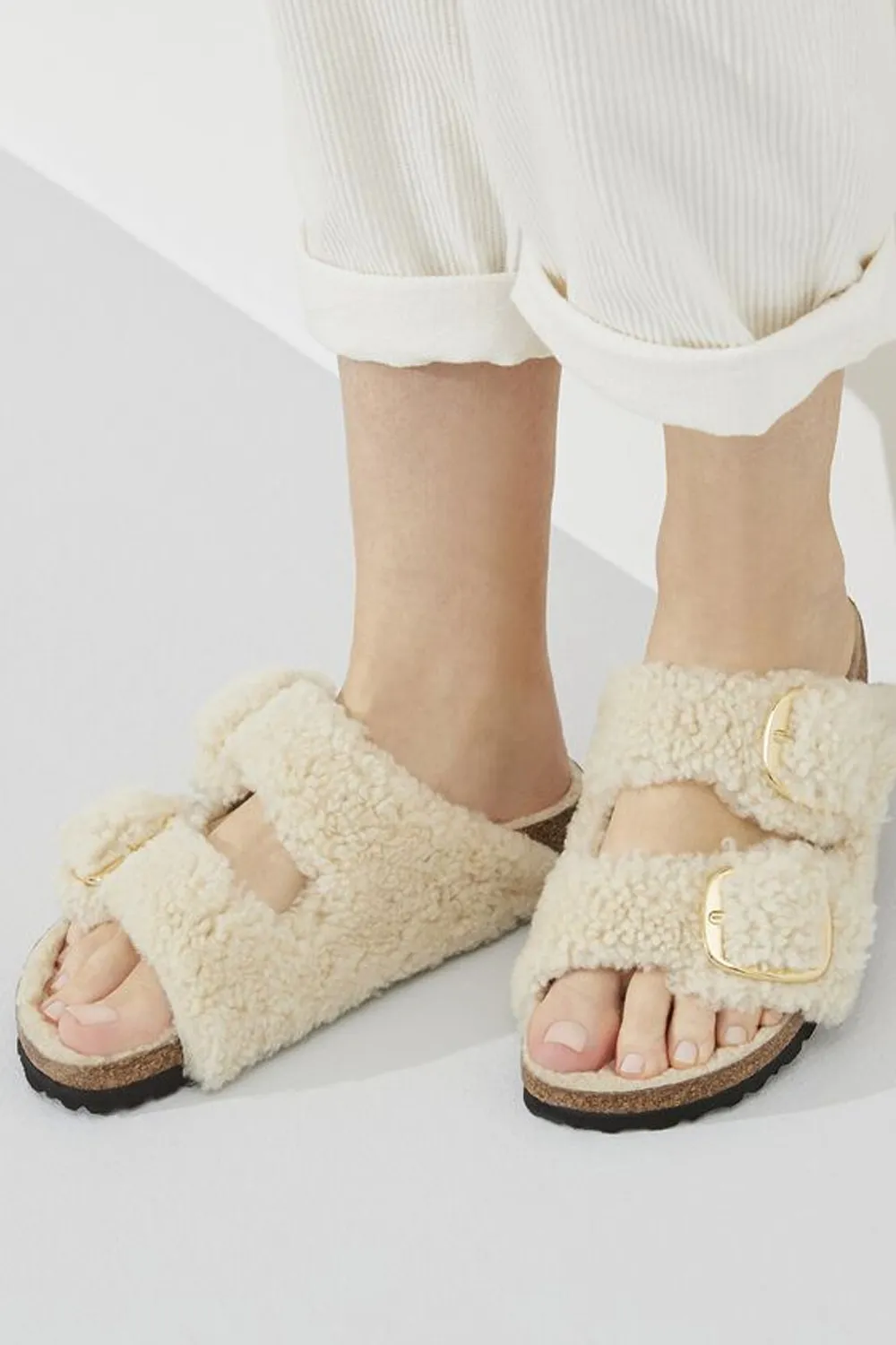 Arizona Big Buckle Shearling Sandals in Teddy Eggshell