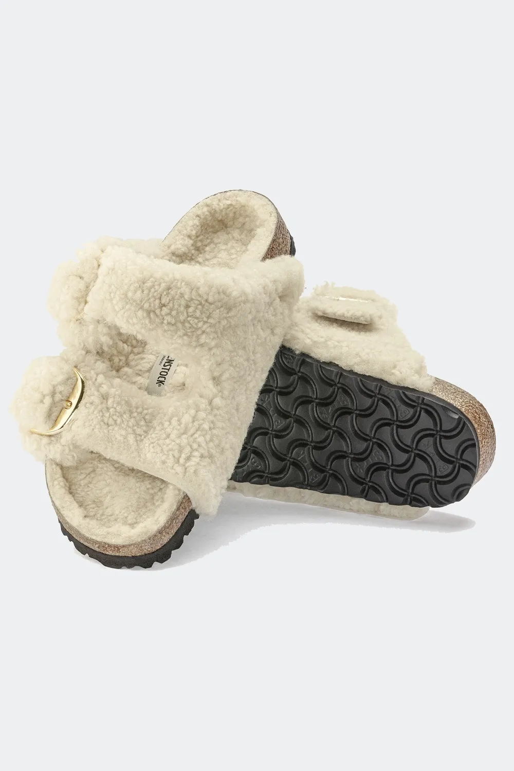 Arizona Big Buckle Shearling Sandals in Teddy Eggshell