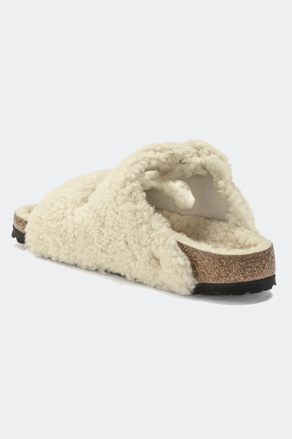 Arizona Big Buckle Shearling Sandals in Teddy Eggshell