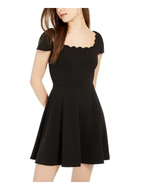 B Darlin Women's Low Back Scalloped Trim Short Sleeve Square Neck Mini Fit Flare Cocktail Dress Black Size 5-6