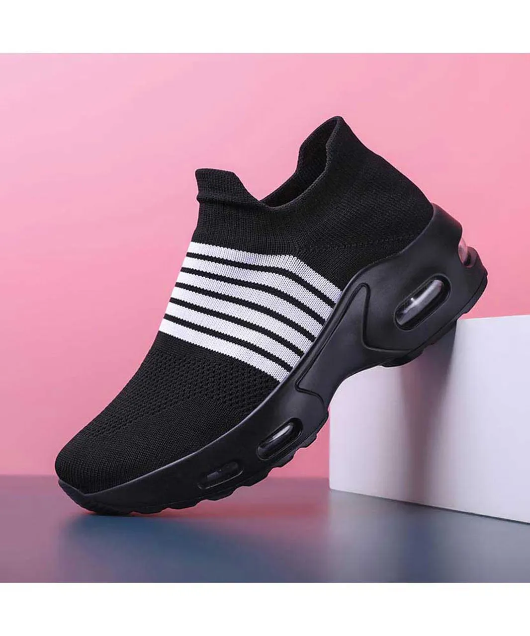 Black white stripe flyknit slip on shoe sneaker