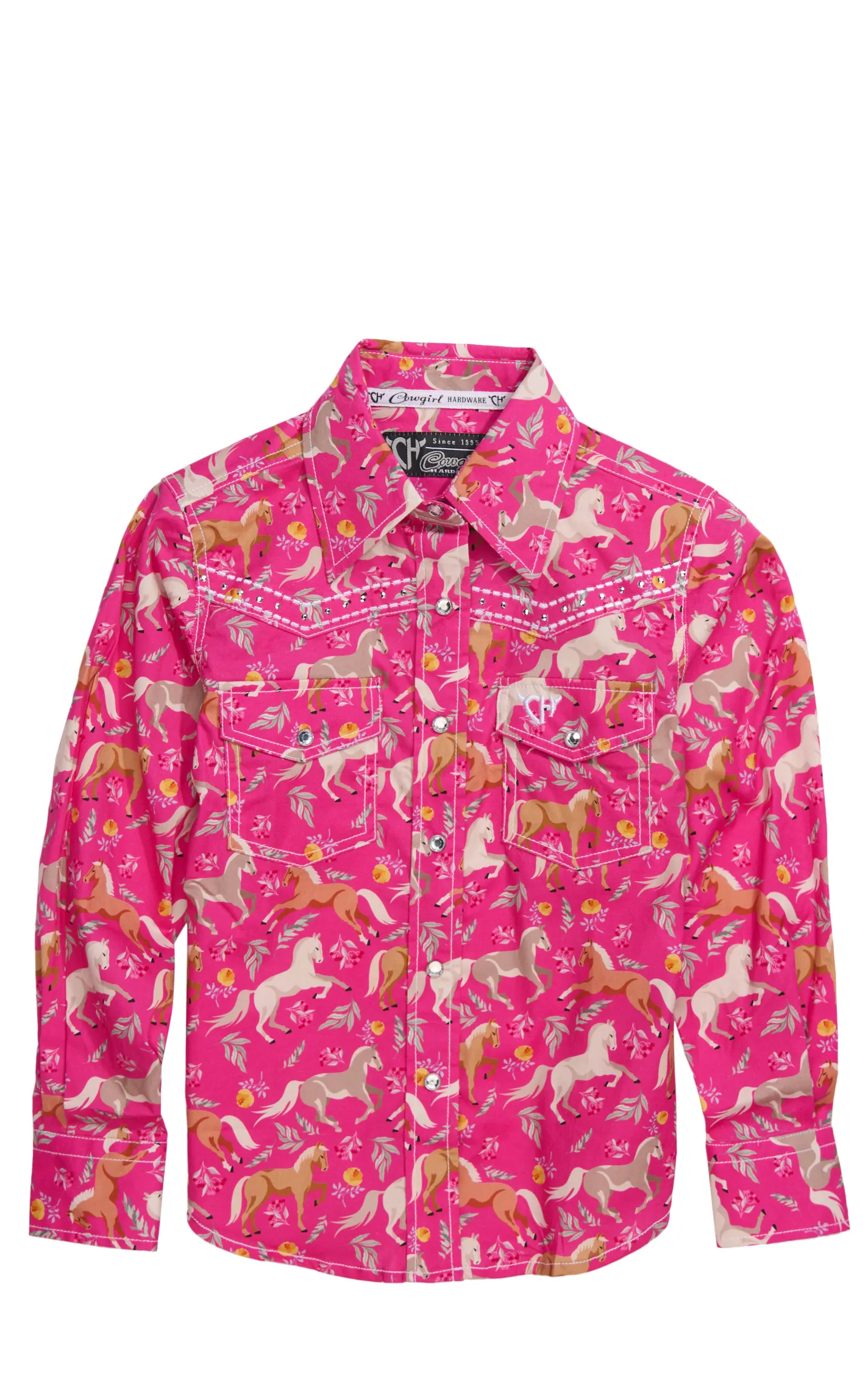 Cowgirl Hardware Girl's Hot Pink Horses & Floral Print Western Shirt