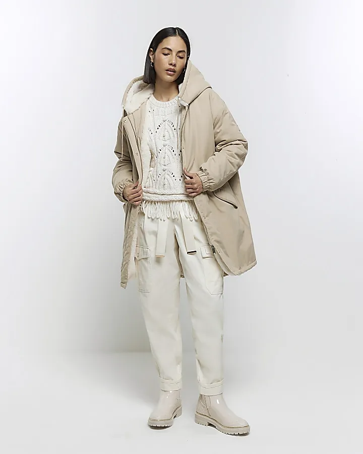 Cream faux fur lining parka coat