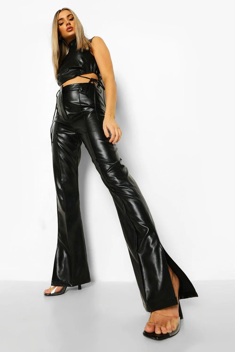 Faux Leather Split Hem Pants