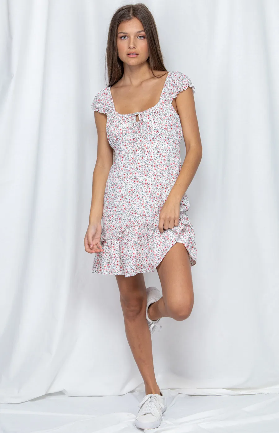 Floral Ruche Neckline Dress with Ruffle Hem (WDR245A) 