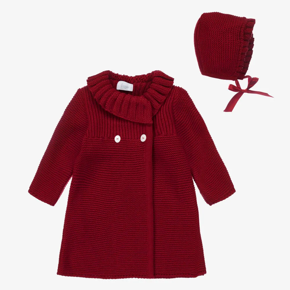 Girls Red Knitted Coat & Hat Set