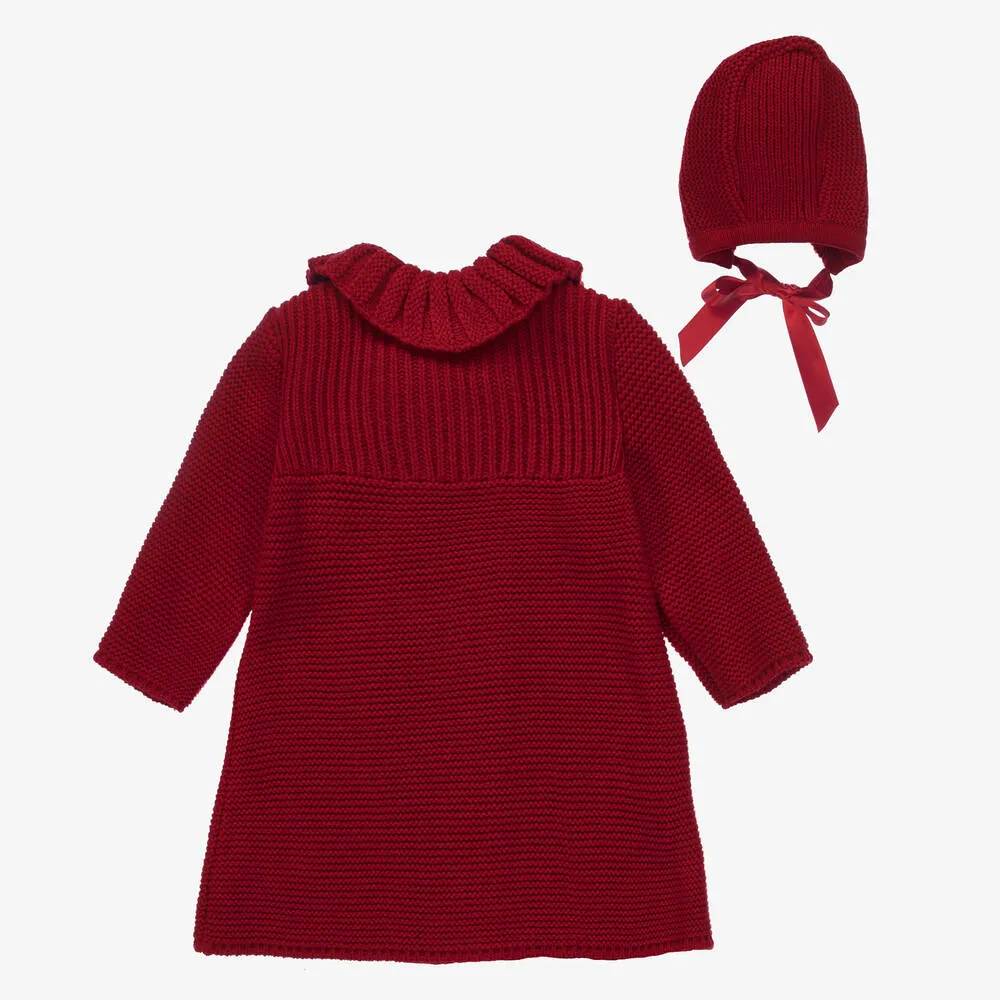 Girls Red Knitted Coat & Hat Set