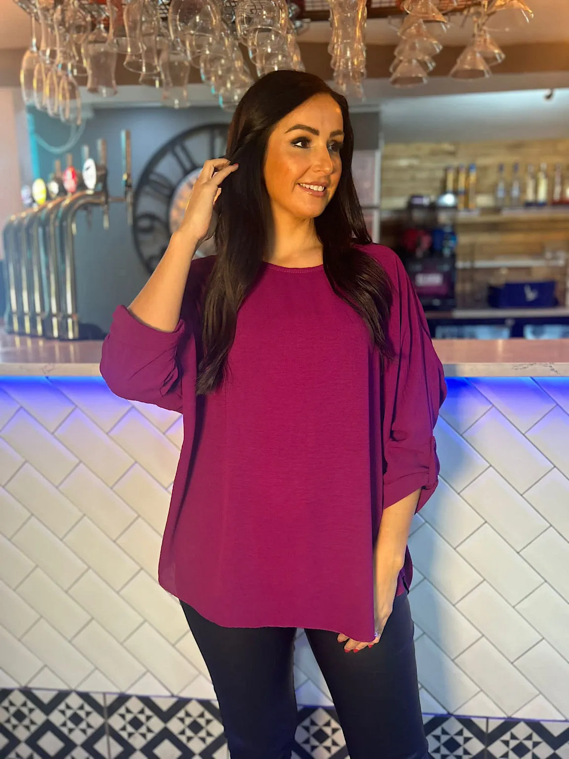 Grape Crepe Scoop Neck Blouse Jan