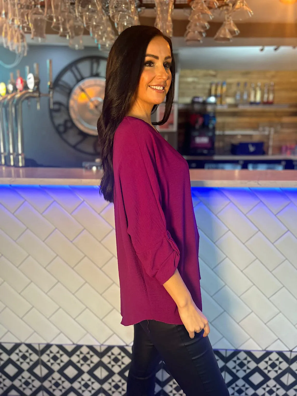 Grape Crepe Scoop Neck Blouse Jan