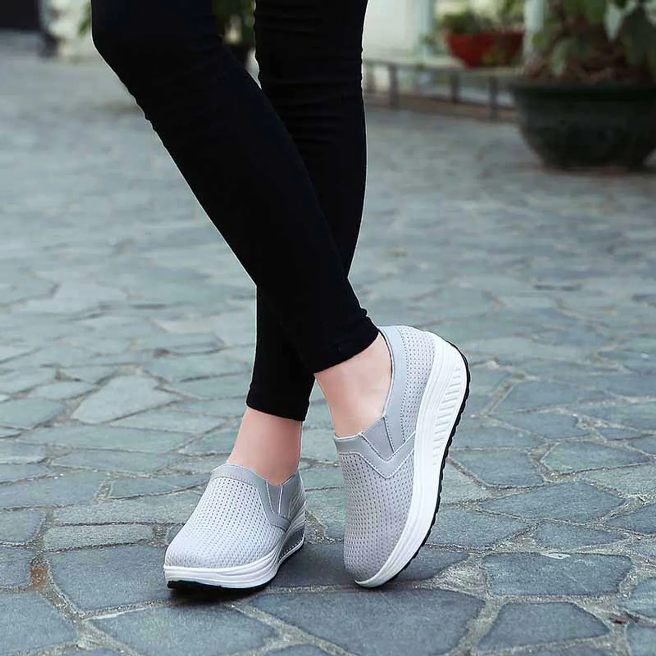 Grey plain slip on rocker bottom shoe sneaker