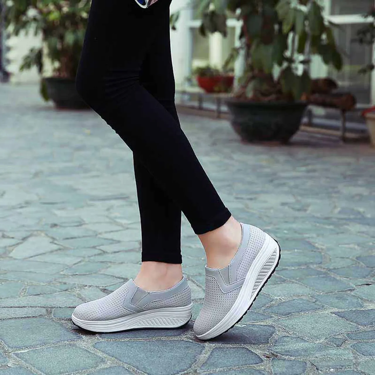 Grey plain slip on rocker bottom shoe sneaker