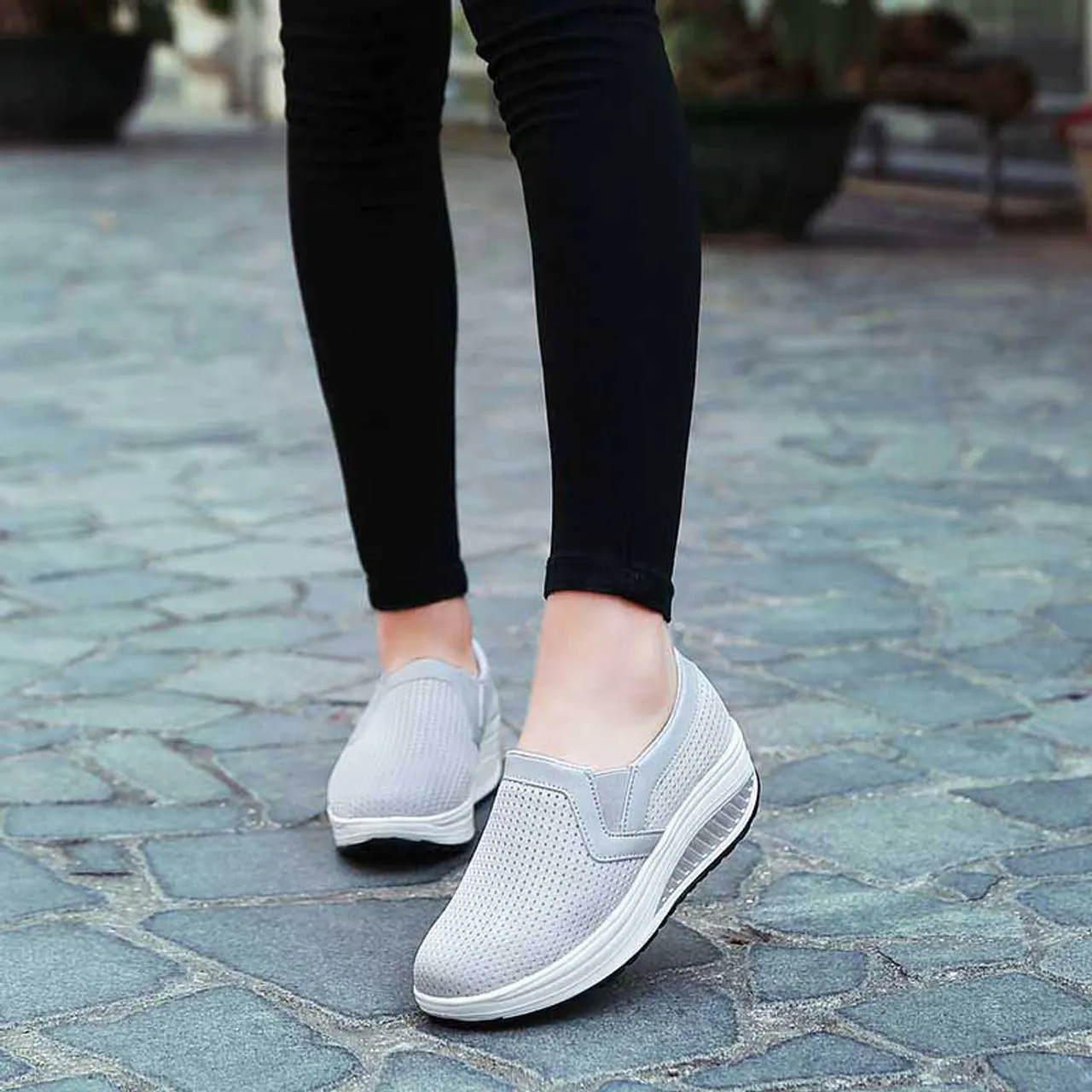 Grey plain slip on rocker bottom shoe sneaker