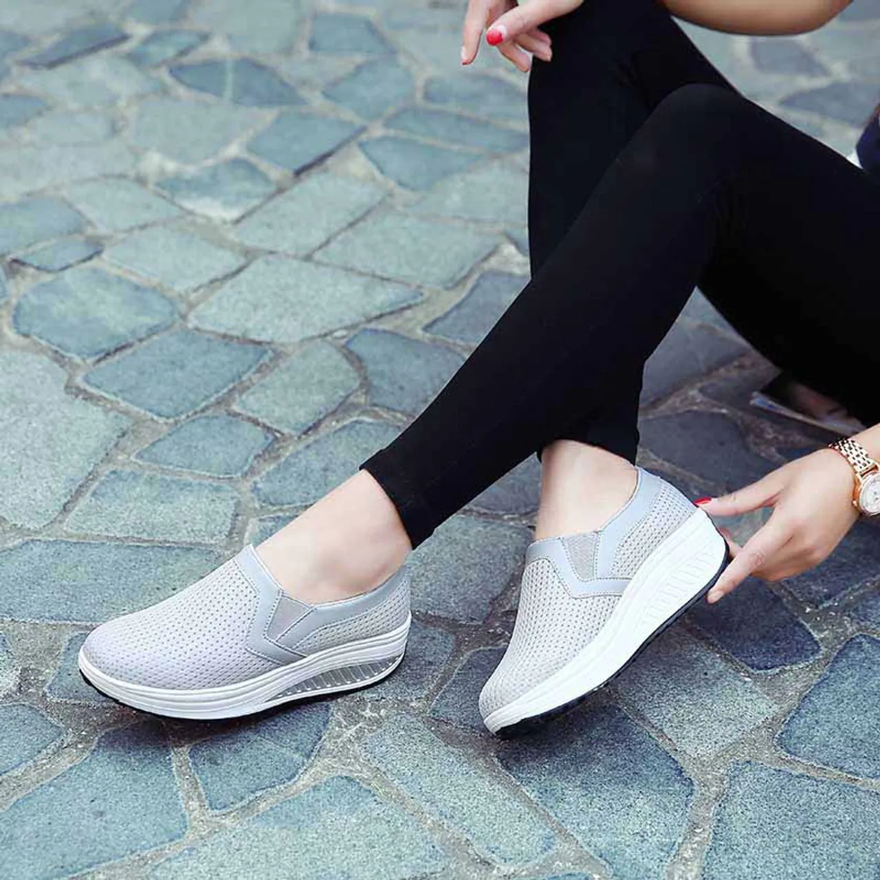 Grey plain slip on rocker bottom shoe sneaker