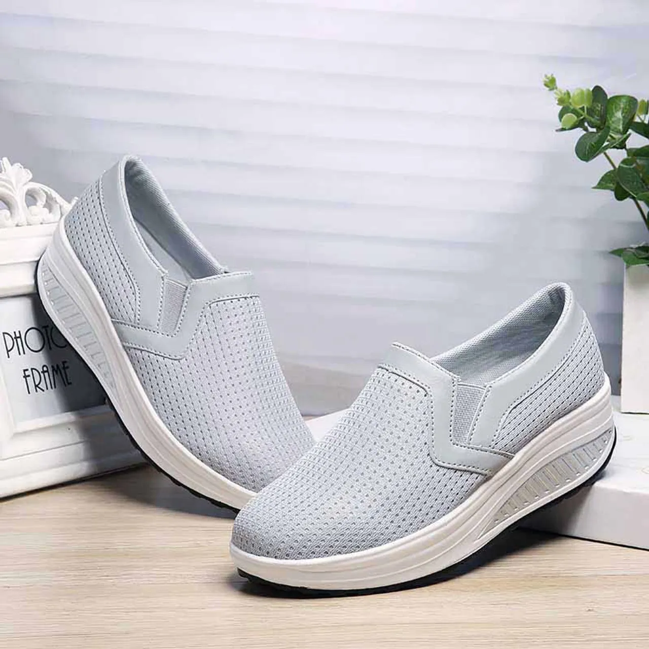 Grey plain slip on rocker bottom shoe sneaker