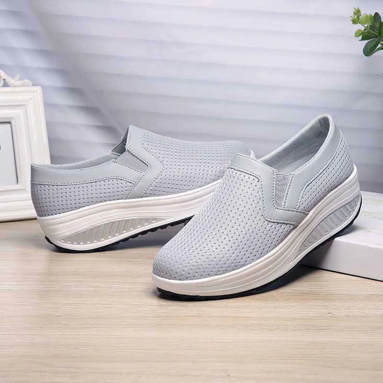 Grey plain slip on rocker bottom shoe sneaker