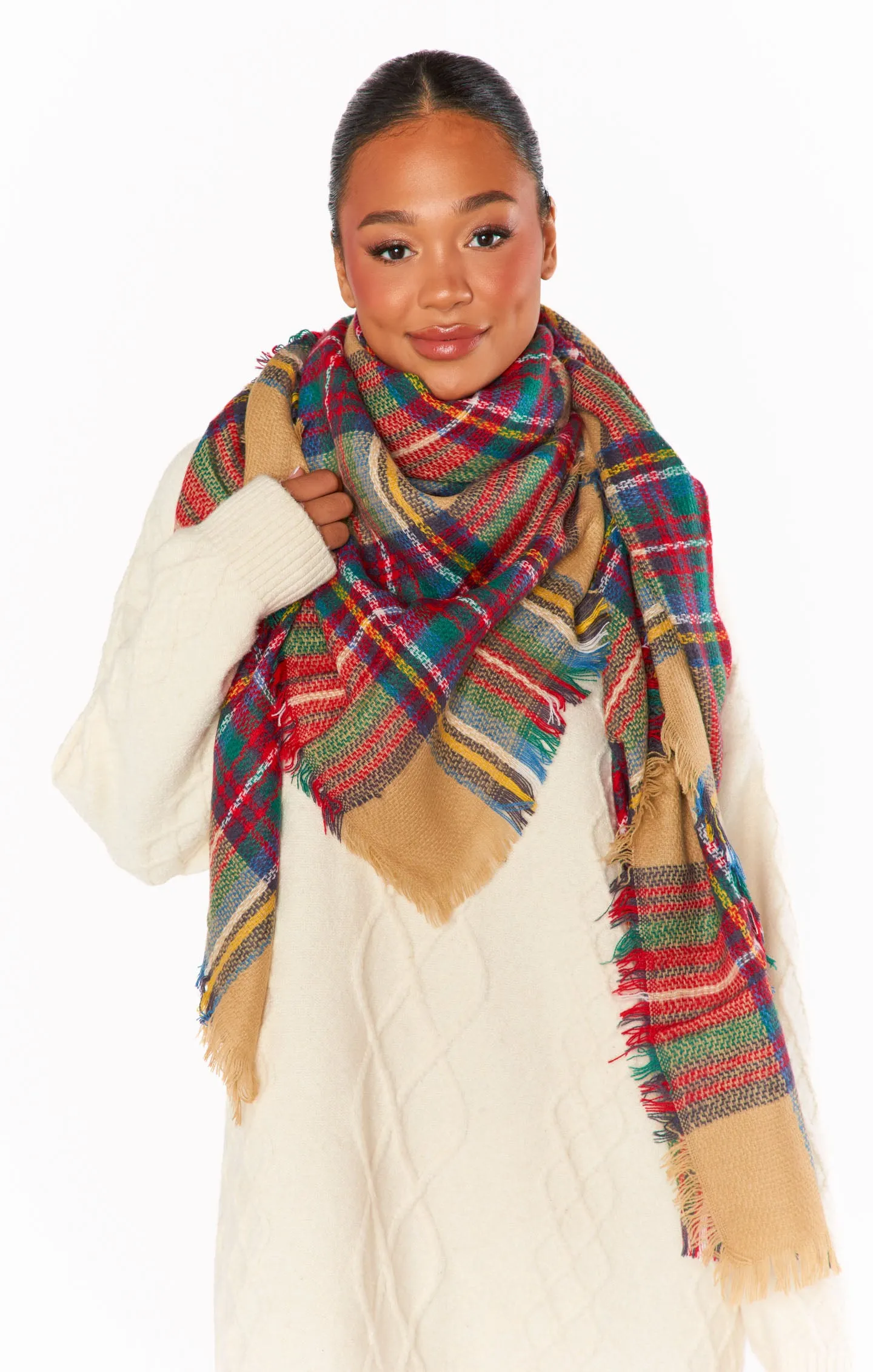 Holiday Plaid Scarf ~ Tan Multi