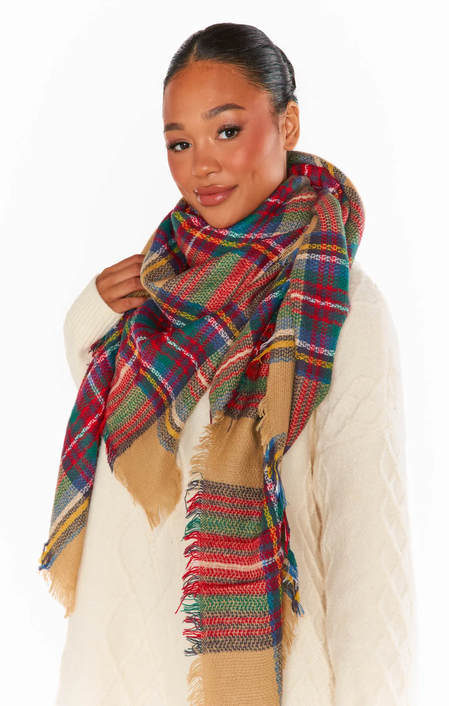 Holiday Plaid Scarf ~ Tan Multi