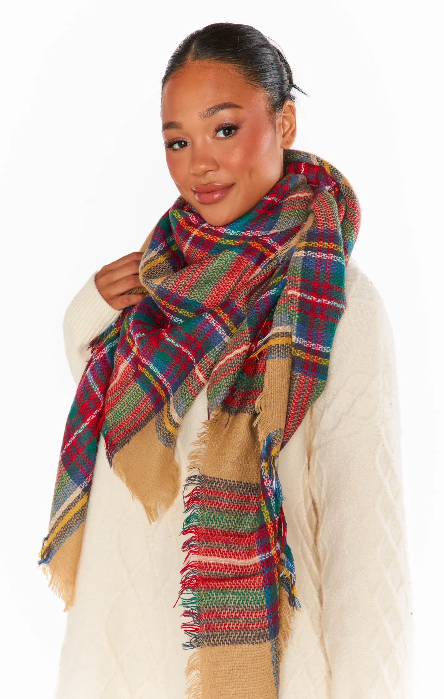 Holiday Plaid Scarf ~ Tan Multi