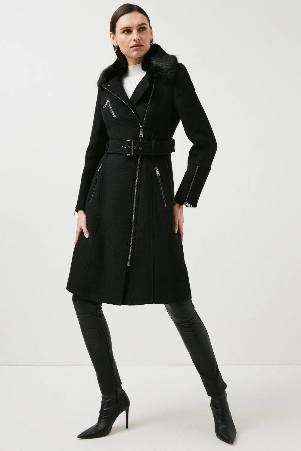 Italian Wool Mix Biker Coat | Karen Millen