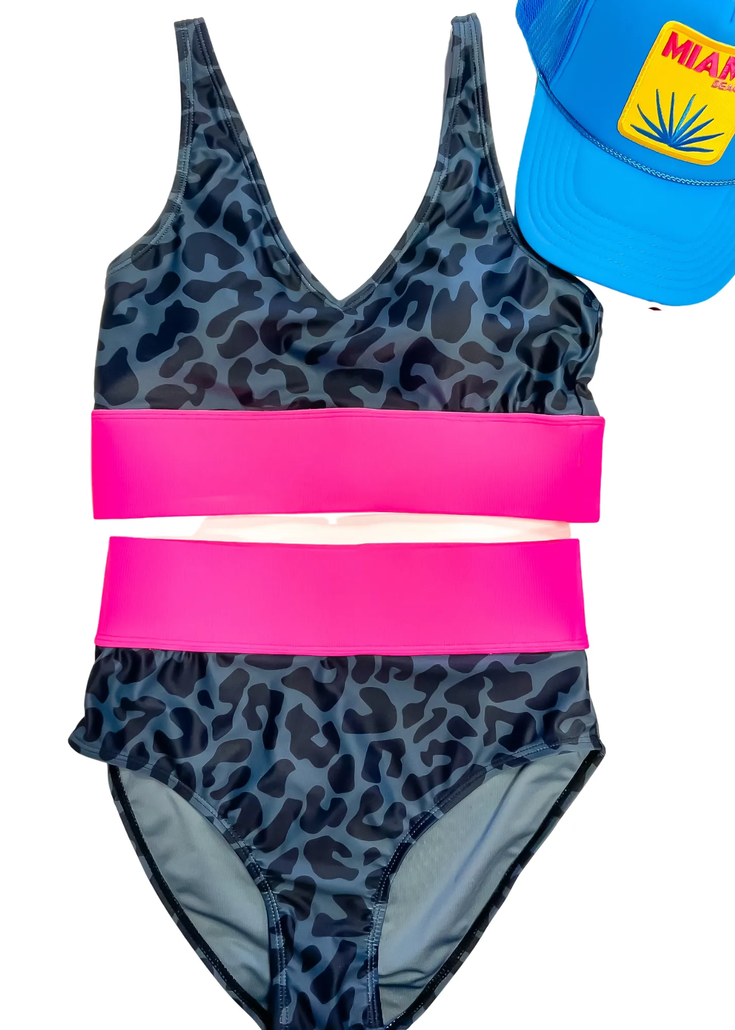 Kissed By The Sun Bikini Swim Top | Charcoal Leopard & Neon Pink