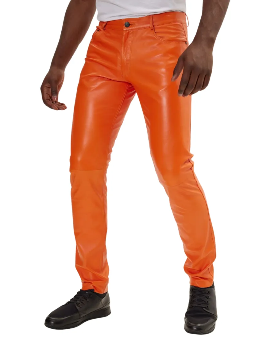 Mens Orange Leather Pants