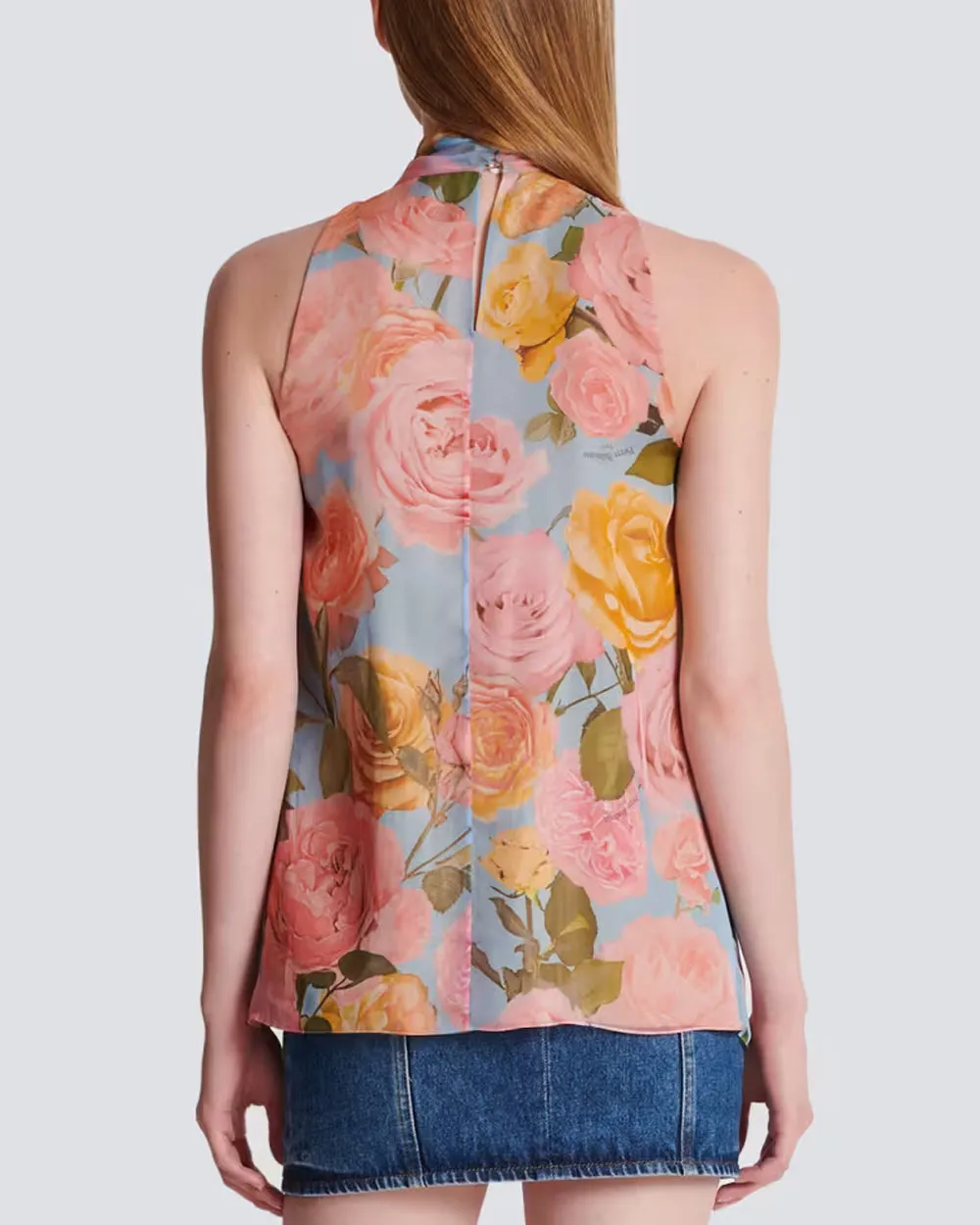 Pastel Rose Print Tie Neck Blouse