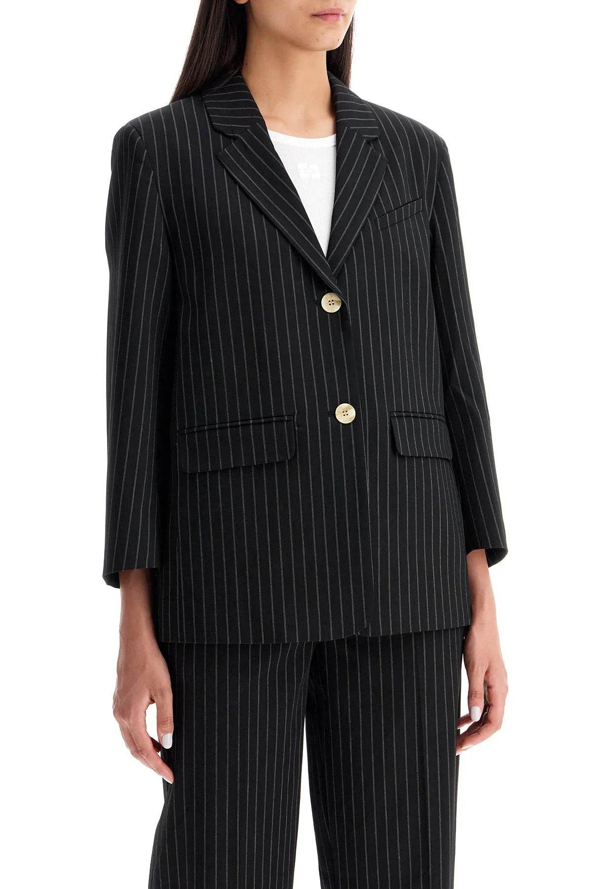 striped boxy blazer F9405 BLACK