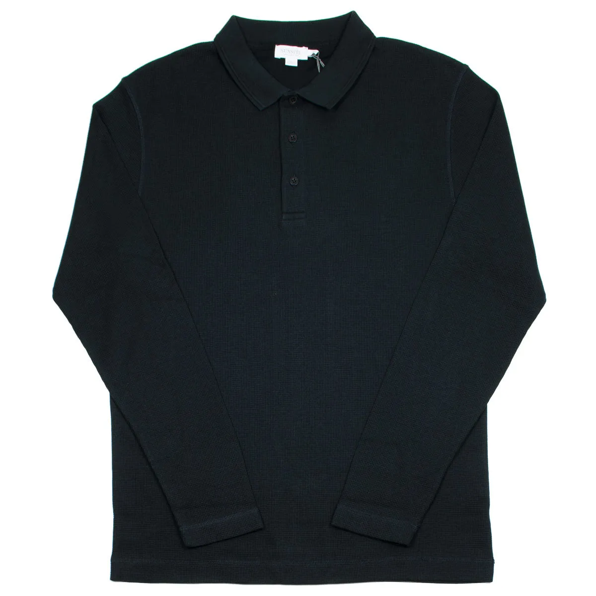 Sunspel - Long Sleeve Waffle Polo - Black