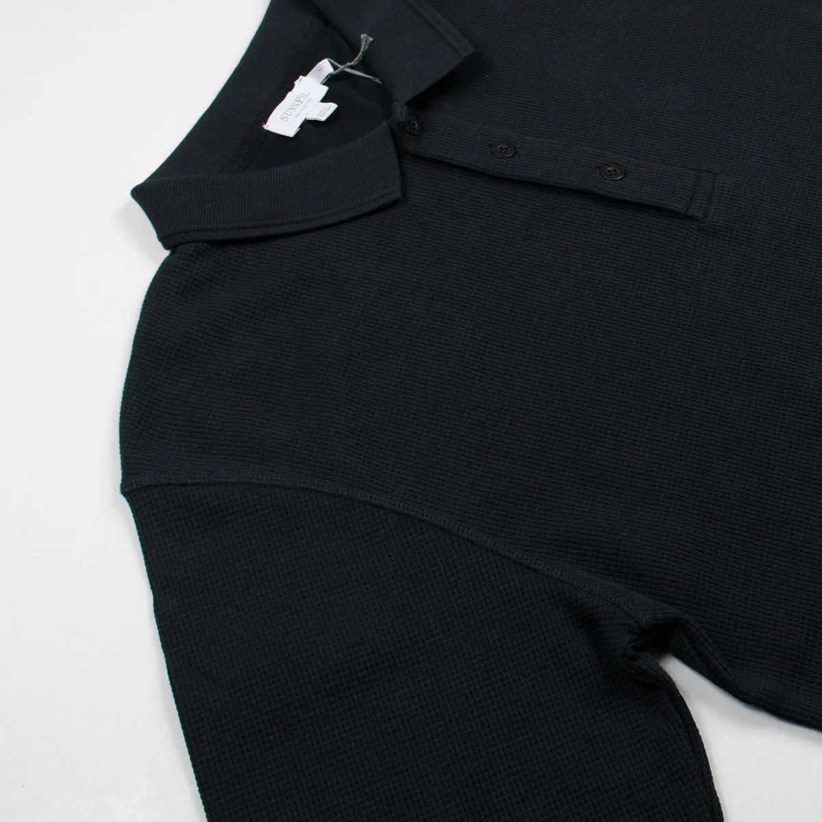 Sunspel - Long Sleeve Waffle Polo - Black