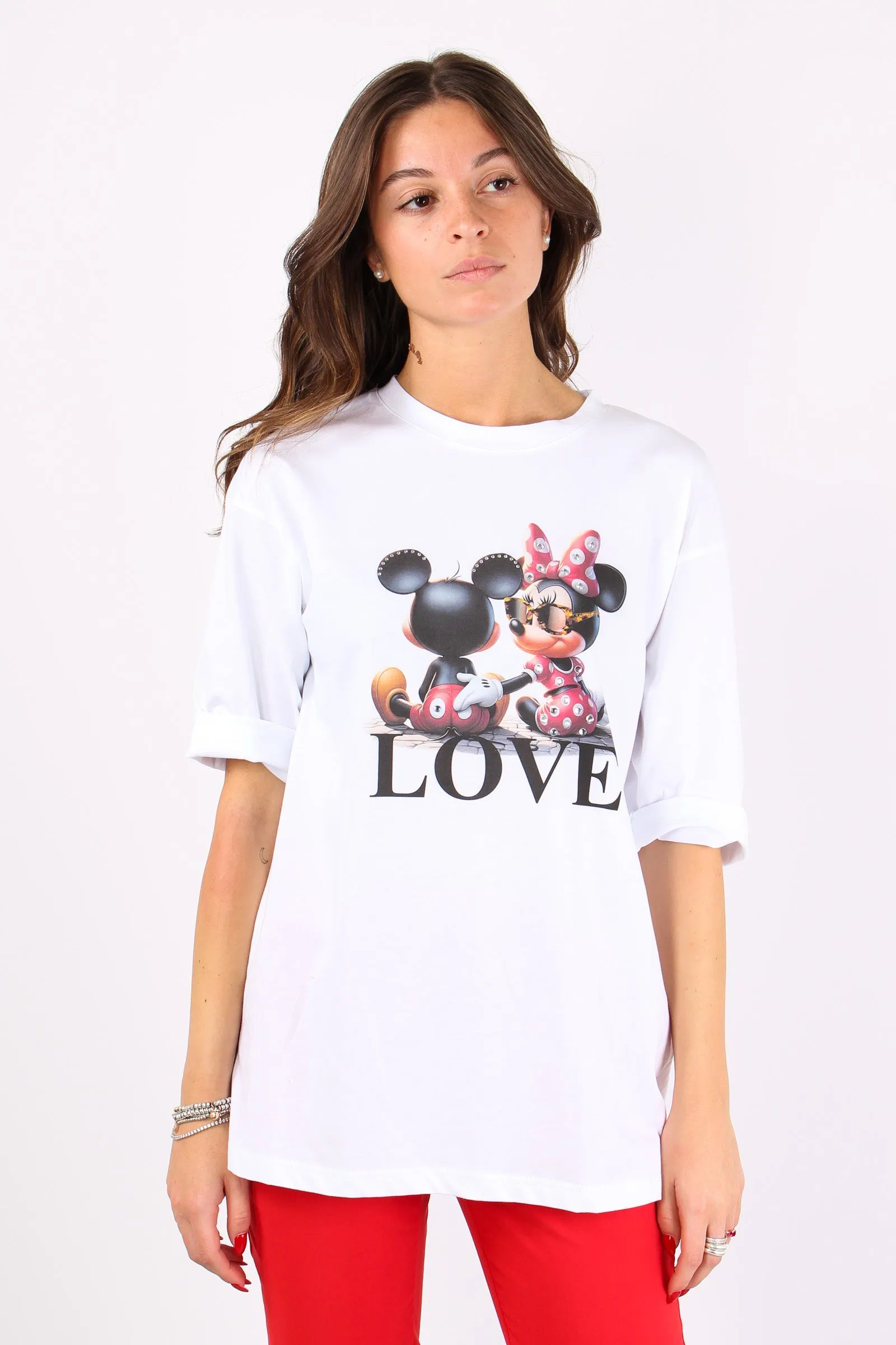 T-shirt Over Minnie E Topolino Bianco