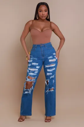 Try To Control High Rise Distressed Straight Leg Jeans - Medium Wash