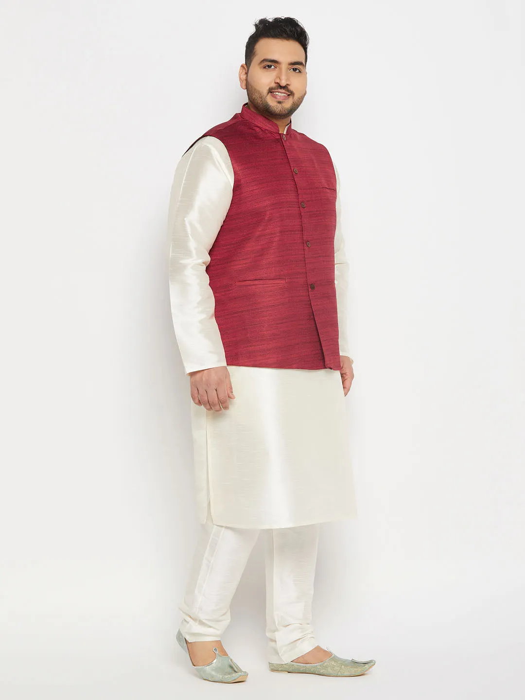 VASTRAMAY Men's Plus Size Maroon Matka Silk Nehru Jacket With Cream Silk Blend Kurta and Pant style Pyjama Set