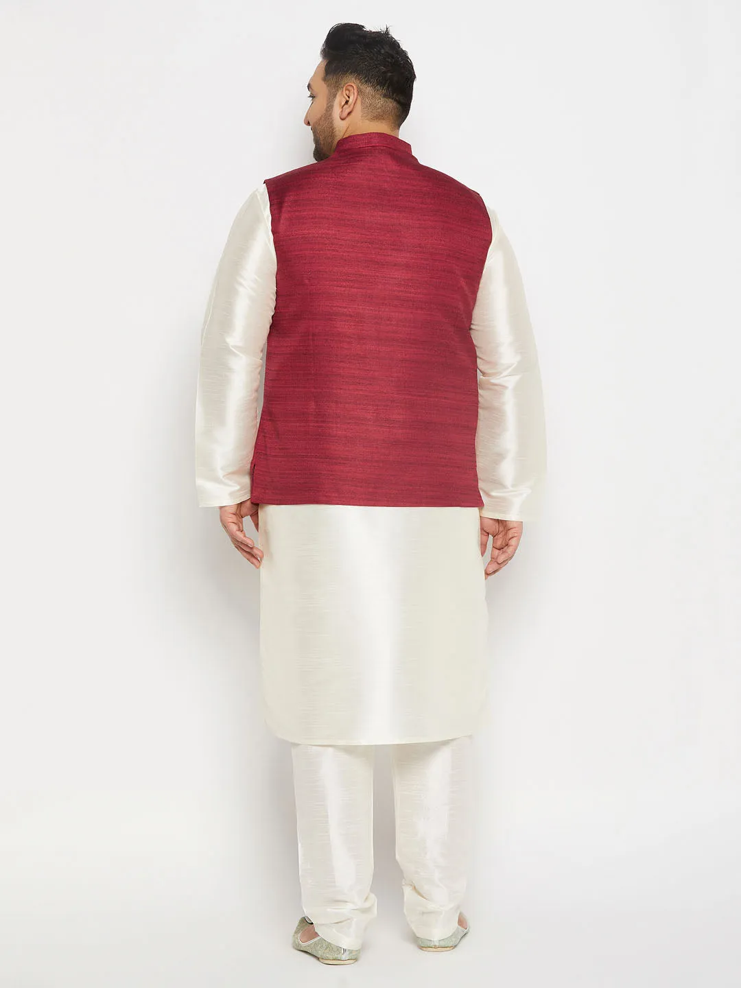 VASTRAMAY Men's Plus Size Maroon Matka Silk Nehru Jacket With Cream Silk Blend Kurta and Pant style Pyjama Set