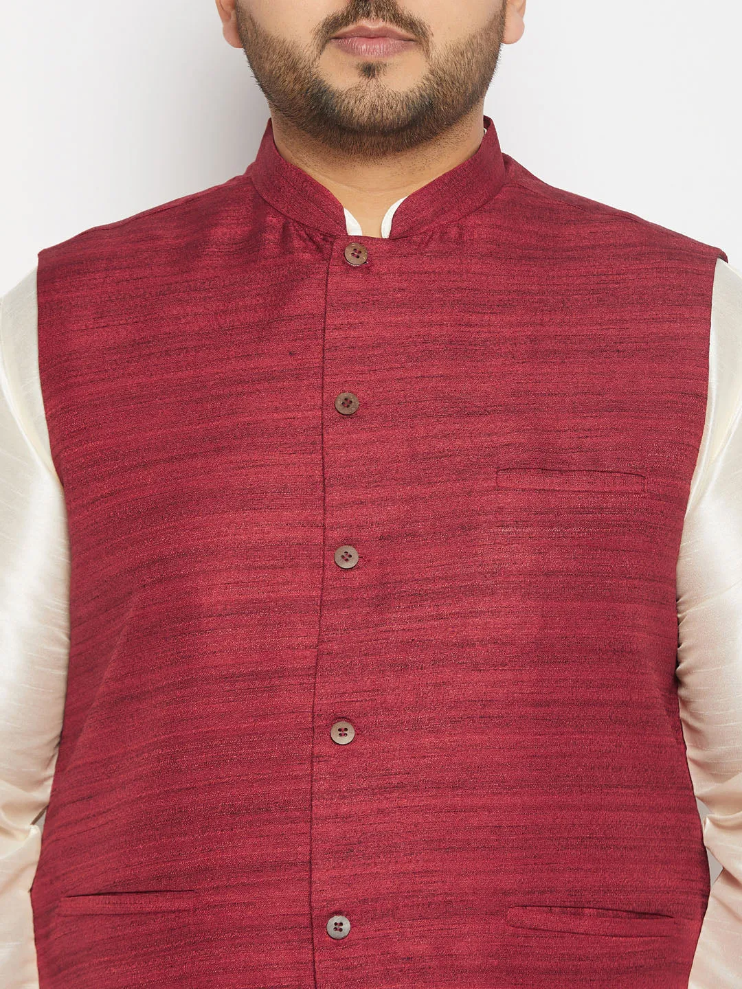 VASTRAMAY Men's Plus Size Maroon Matka Silk Nehru Jacket With Cream Silk Blend Kurta and Pant style Pyjama Set