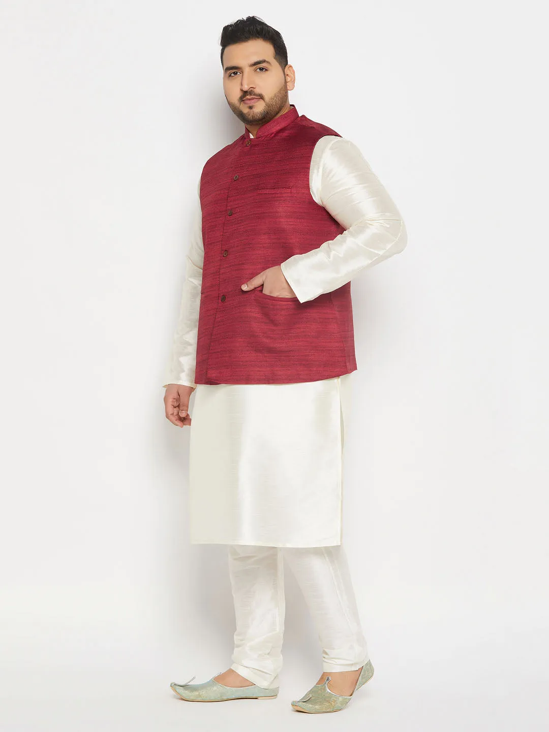 VASTRAMAY Men's Plus Size Maroon Matka Silk Nehru Jacket With Cream Silk Blend Kurta and Pant style Pyjama Set