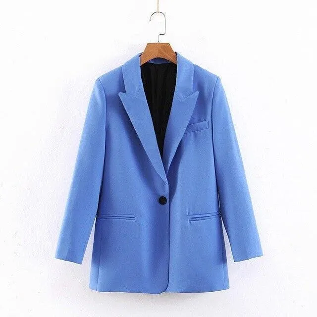 Women Pants Suit, One Button Suit, Pleated Pants, Blue