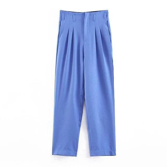 Women Pants Suit, One Button Suit, Pleated Pants, Blue