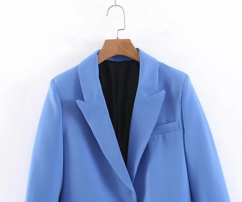 Women Pants Suit, One Button Suit, Pleated Pants, Blue