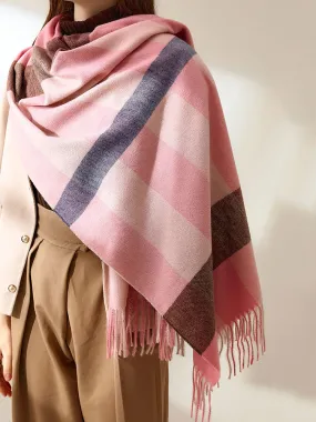 Women Scarf Charming Plaid Pattern Fringe Fiber Pink Scarf